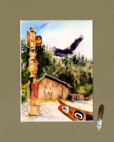 Eagle boy Totem, Matted art print by Maida Kelley Ketchikan Alaska.  Available with painted  design on mat.