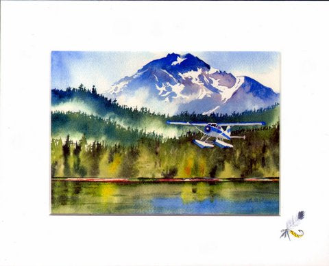 Print by Maida Kelley of float plane landing in lake