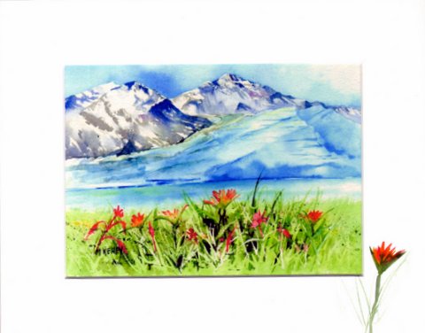 Alaskan glacier print with flowers in foreground. Matted print by Maida Kelley decorated mat available