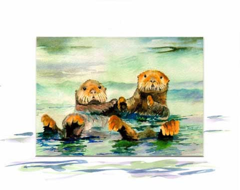 Sea otters holding hands a print by Maida Kelley