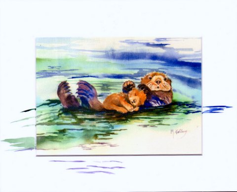Art print from original watercolor by Maida Kelley. Adorable baby sea otter sleeping on Moms tummy.