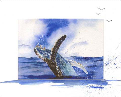 Playful whale leaping out of the water. Beautiful art print from a Maida Kelley original watercolor
