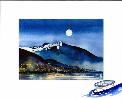 Ketchikan Alaska with moon over Deer Mountain on a cold winter night. Print by Maida Kelley