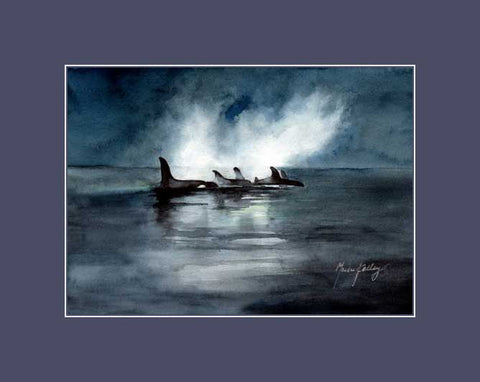 Art print by Maida Kelley of orca pod on their way home. Stirring scene of Alaska