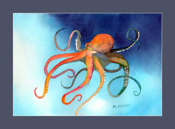 Dark blue matted art print by Alaska artist Maida Kelley. Giant octopus playing in the cold clear water of Alaska