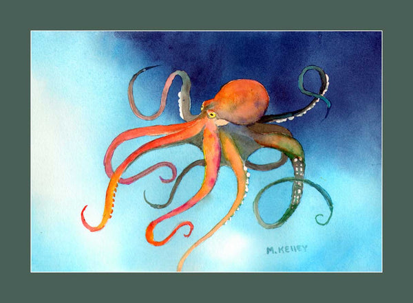 Dark Green matted  art print by Alaska artist Maida Kelley. Giant octopus playing in the cold clear water of Alaska