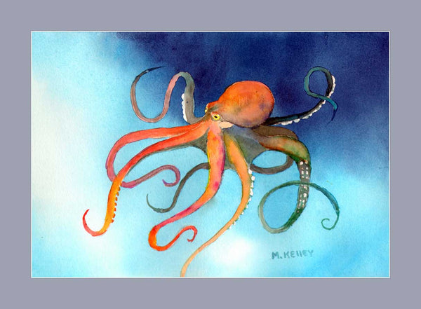 Gray matted art print by Alaska artist Maida Kelley. Giant octopus playing in the cold clear water of Alaska