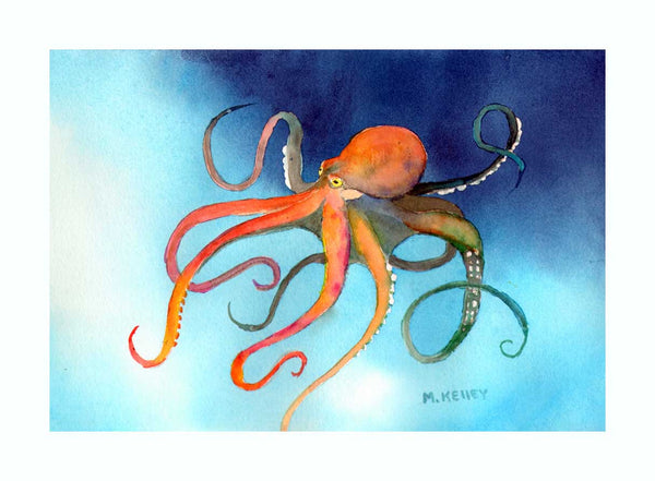 White matted art print by Alaska artist Maida Kelley. Giant octopus playing in the cold clear water of Alaska