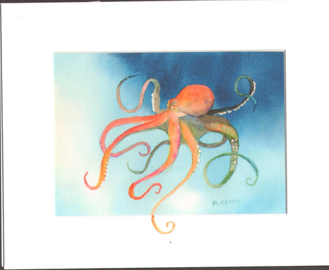 Remarqued art print by Alaska artist Maida Kelley. Giant octopus playing in the cold clear water of Alaska