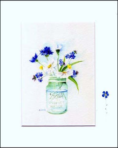 Forget me nots and daisies in a canning jar. Print by Maida Kelley