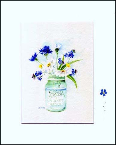 Forget me nots and daisies in a canning jar. Print by Maida Kelley