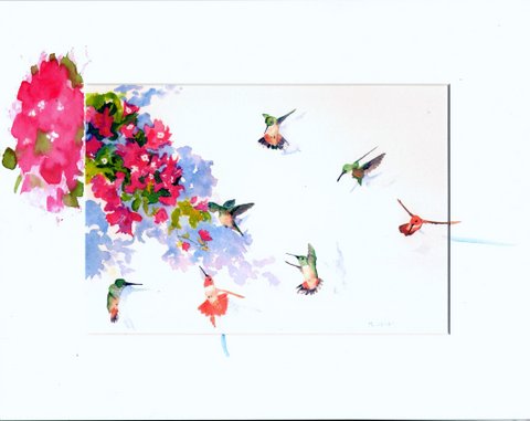 Delightful print of Rufous Hummingbirds on a colorful hanging plant by Maida Kelley