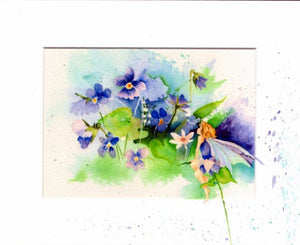 Darling little Fairy looking into a clump of Sweet Violets. Print by Maida Kelley