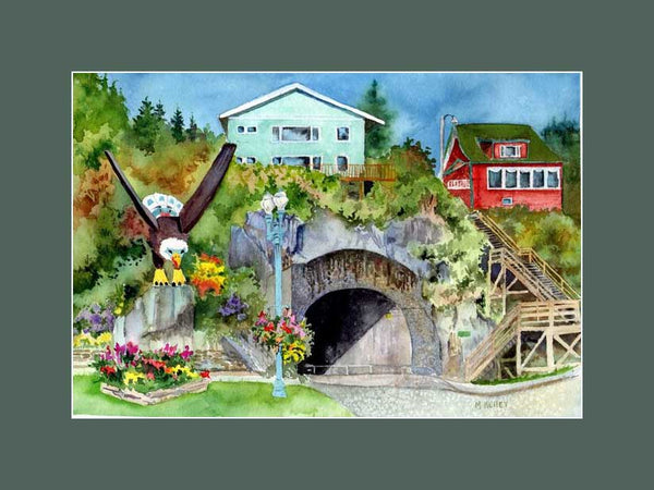 The Tunnel in Ketchikan Alaska plus Bald Eagle Totem. Print by Maida Kelley