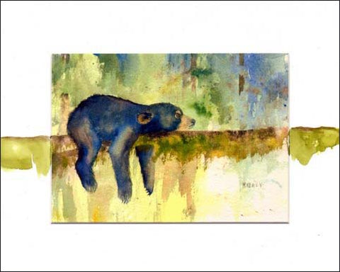 A young bear cub patiently waiting for mom on a tree limb. Print by Maida Kelley