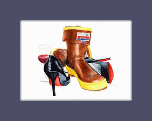 Xtratuf's high heels glass of wine a start to homecoming. print by Maida Kelley