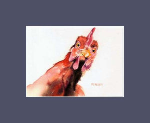 A print by Maida Kelley of a curious Rhode Island Red Chicken in blue mat