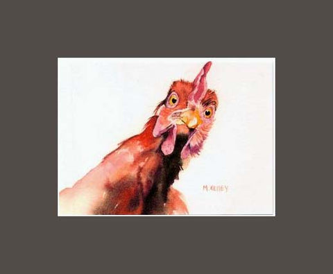 A print by Maida Kelley of a curious Rhode Island Red Chicken