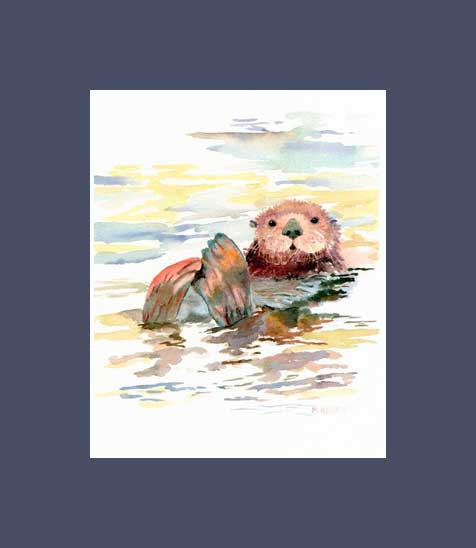 An adorable sea otter swimming in calm sea.  A print by Maida Kelley. matted in Dark Blue