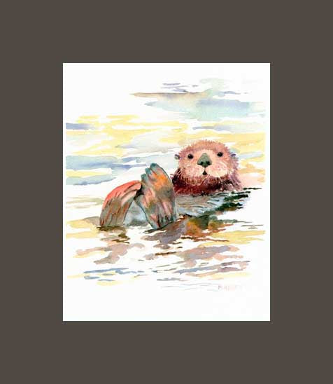 An adorable sea otter swimming in calm sea.  A print by Maida Kelley. Matted in Brown