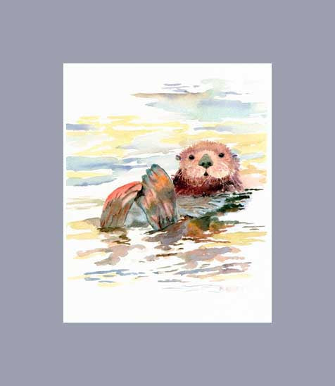 An adorable sea otter swimming in calm sea.  A print by Maida Kelley. Matted in Gray