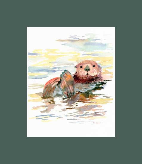 An adorable sea otter swimming in calm sea.  A print by Maida Kelley. Matted in Forest Green