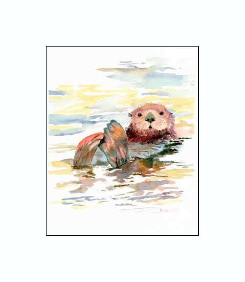 An adorable sea otter swimming in calm sea.  A print by Maida Kelley. Matted in Winter White